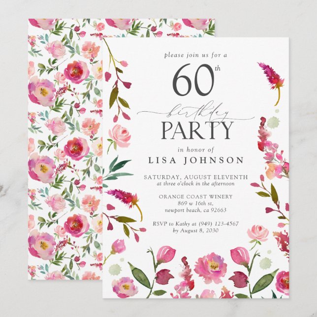Elegant 60th Pink Watercolor Floral Birthday  Invitation (Front/Back)
