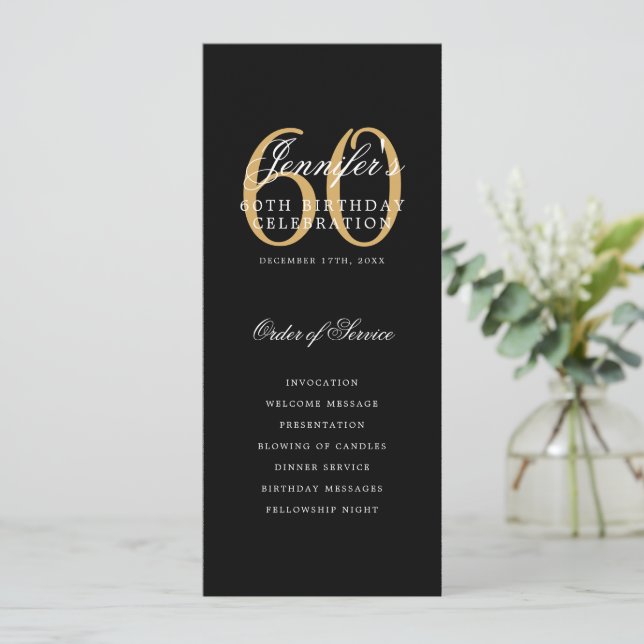 Elegant 60th Program Gold Black Menu+Thank You (Standing Front)