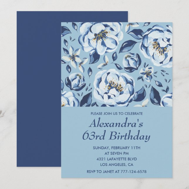 Elegant 63rd birthday invitations Floral Blue (Front/Back)