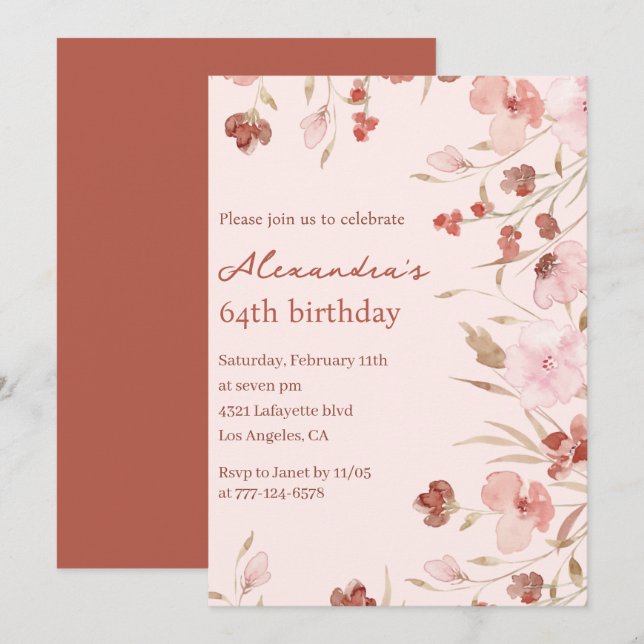 Elegant 64th birthday invitations Floral Chic (Front/Back)