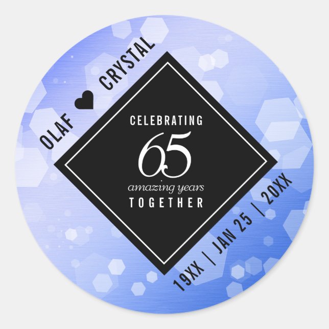 Elegant 65th Blue Sapphire Wedding Anniversary Classic Round Sticker (Front)
