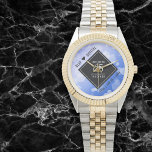 Elegant 65th Blue Sapphire Wedding Anniversary Watch<br><div class="desc">Celebrate the 65th blue sapphire wedding anniversary and a love that stands the test of time with this stylish watch! Elegant black and white lettering with hexagonal confetti on a sapphire blue background add a memorable touch for this special occasion and extraordinary milestone. Personalize with the couple's names and dates...</div>