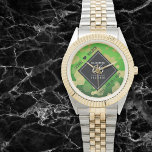 Elegant 66th Titanite Wedding Anniversary Watch<br><div class="desc">Celebrate the 66th titanite wedding anniversary and a love that stands the test of time with this stylish watch! Elegant black and white lettering with gold-dusted hexagonal confetti on an india green background add a memorable touch for this special occasion and extraordinary milestone. Personalize with the couple's names and dates...</div>