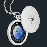 Elegant 67th Star Sapphire Wedding Anniversary Locket Necklace<br><div class="desc">Celebrate the 67th wedding anniversary in style with this commemorative locket! Elegant black and white lettering with stylized stars twinkling on a sapphire blue background add a memorable touch for this special occasion and extraordinary milestone. Customize with the happy couple's names, and add dates for their star sapphire anniversary. Design...</div>