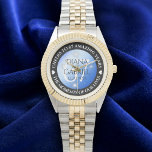 Elegant 67th Star Sapphire Wedding Anniversary Watch<br><div class="desc">Celebrate the 67th star sapphire wedding anniversary with this commemorative watch! Elegant lettering with stylized stars twinkling on a sapphire blue background add a memorable touch for this special occasion and extraordinary milestone. Customize with couple's names, dates of marriage, and congratulatory messages. Design © W.H. Sim. See more at zazzle.com/expressionsoccasions...</div>