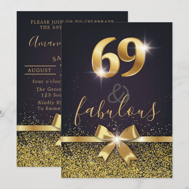 Elegant 69 & Fabulous Gold Glitter 69th Birthday Invitation (Front/Back)