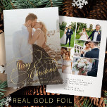 Elegant 6 photos newlywed Merry Christmas gold Foil Holiday Card<br><div class="desc">Elegant luxurious real gold foil script wedding couple photo overlay name and text personalized first Christmas holiday card.          Please note that you can choose the colour of foil: gold,  rose gold,  or silver.</div>