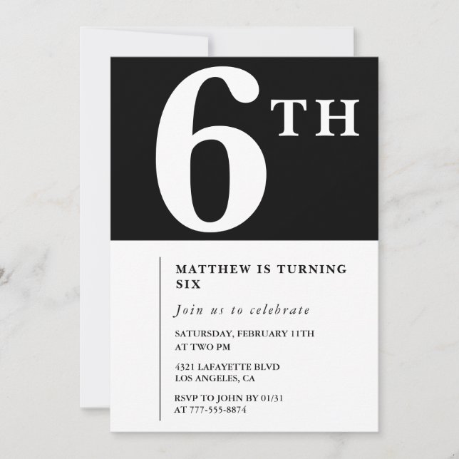 Elegant 6th birthday invitation Black Chic Boy (Front)