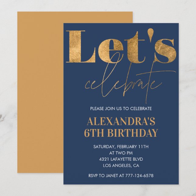Elegant 6th birthday invitations Navy Gold  (Front/Back)