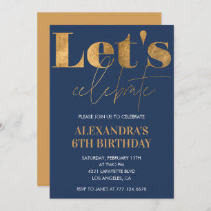 Elegant 6th birthday invitations Navy Gold