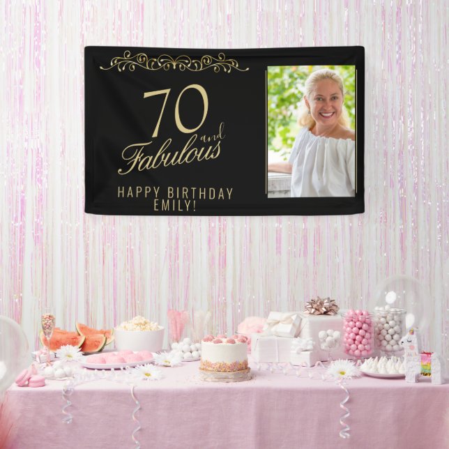 Elegant 70 and Fabulous Birthday Photo Black   Banner (Party)