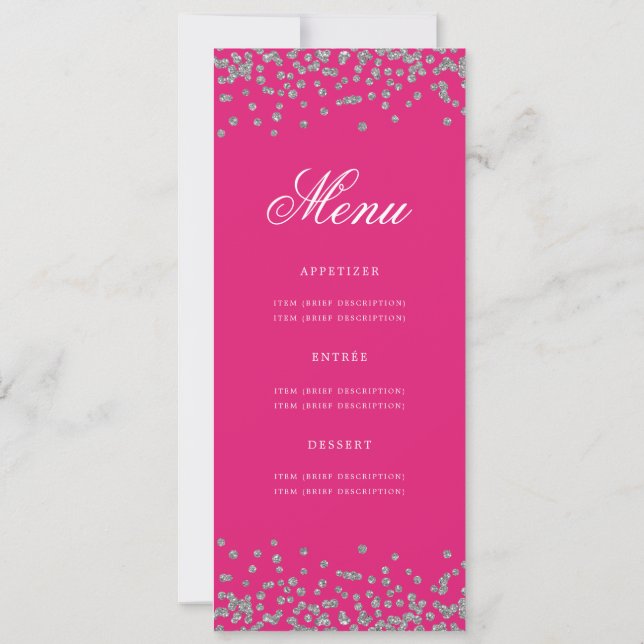 Elegant 70 Birthday Menu Silver Confetti Hot Pink Invitation (Back)