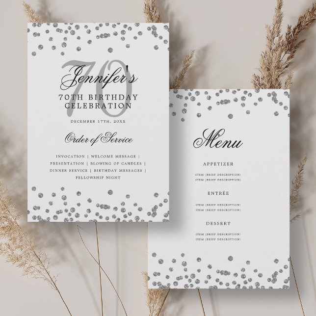 Elégant 70e Anniversaire Menu du programme Argent (Elegant 70th Birthday Program Menu Silver )