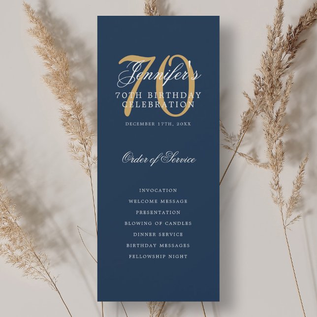 Élégant 70e anniversaire programme de fête d'anniv (Elegant 70th Birthday Party Program Navy Gold )