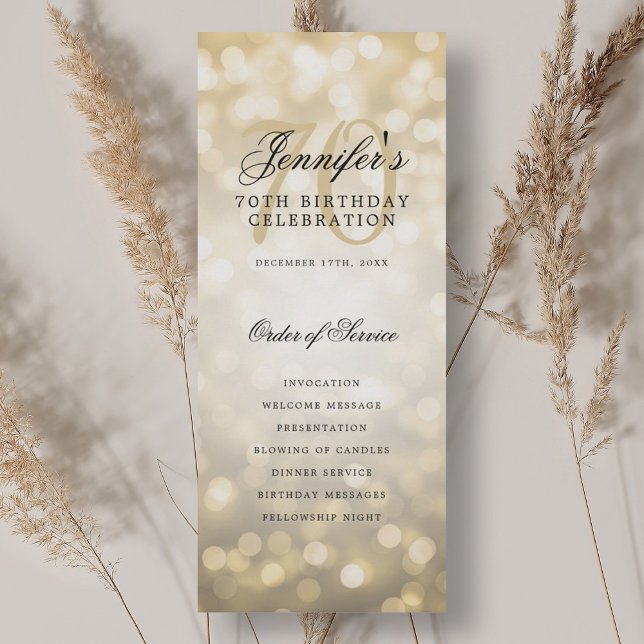 Élégant 70e anniversaire programme de fête Gold Bo (Elegant 70th Birthday Party Program Gold Bokeh)