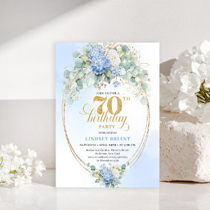 Elegant 70th Birthday Blue Hydrangea Gold Invites