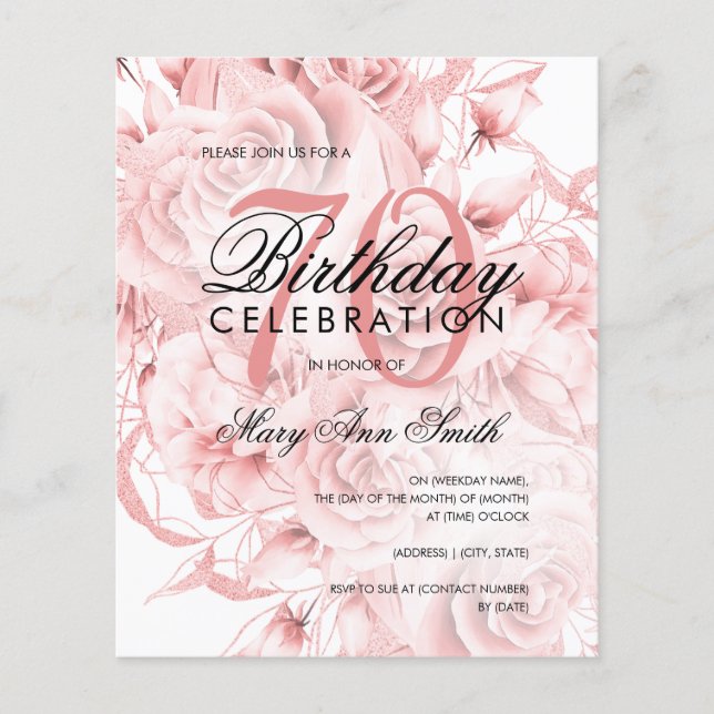 Elegant 70th Birthday Floral Rose Gold Invite Flyer (Front)