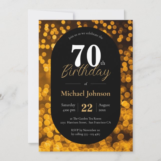 Elegant 70th Birthday Gold Black Simple Custom Invitation (Front)