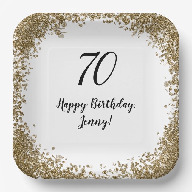 Elegant 70th Birthday Gold Confetti Modern Paper Plate (Front)