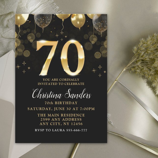 Elegant 70th Birthday Invitation with Gold Ballons (Creator Uploaded)