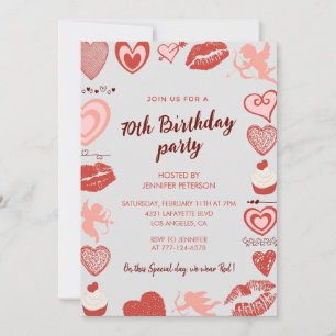 Elegant 70th birthday invitations Grey Red Hearts