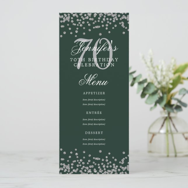 Elegant 70th Birthday Menu Silver Confetti Green  Invitation (Standing Front)