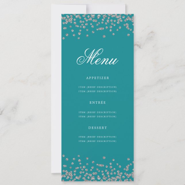 Elegant 70th Birthday Menu Silver Confetti Teal  Invitation (Back)