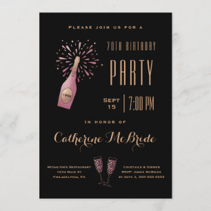 Elegant 70th Birthday Party Black Gold Champagne Invitation