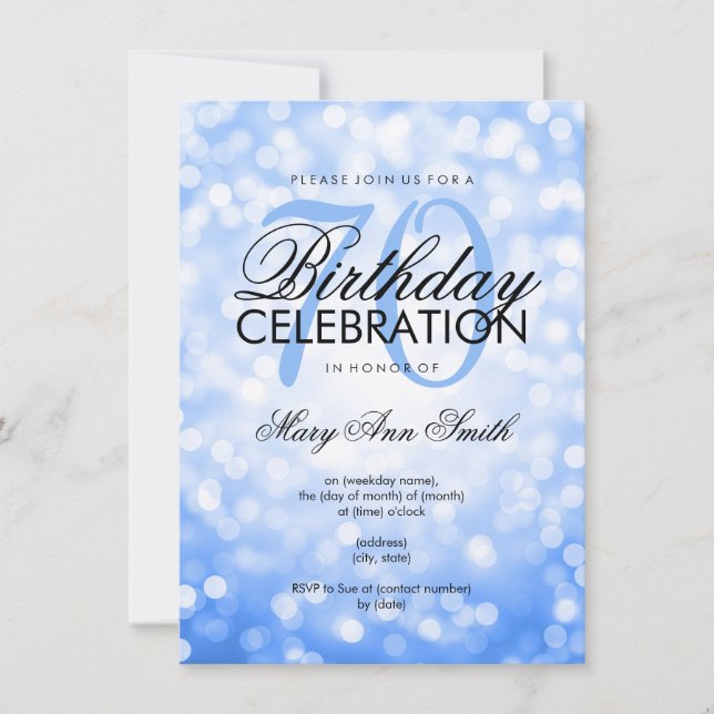 Elegant 70th Birthday Party Blue Glitter Lights Invitation (Front)