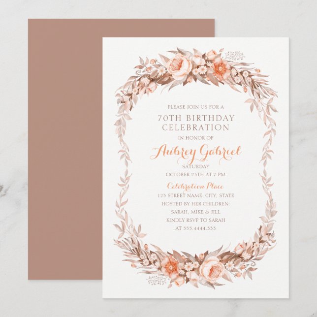 Elegant 70th Birthday Party Floral Fall Invitation (Front/Back)