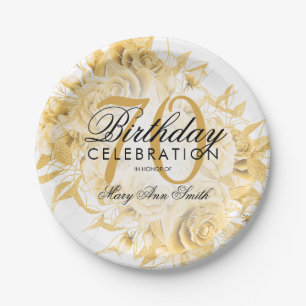 Elegant 70th Birthday Party Floral Gold  Paper Plate