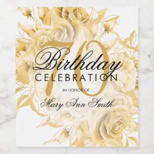 Elegant 70th Birthday Party Floral Gold  Wine Label