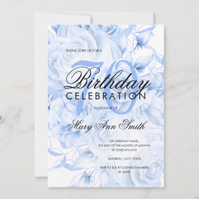 Elegant 70th Birthday Party Floral Navy Blue  Invitation (Front)