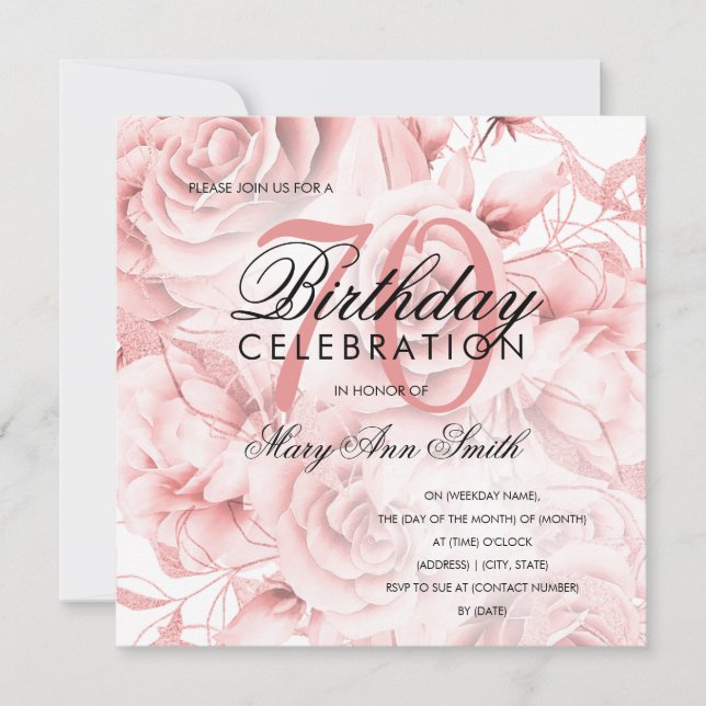 Elegant 70th Birthday Party Floral Rose Gold (Front)