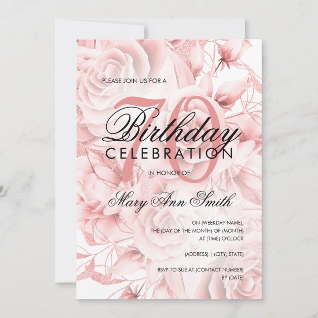 Elegant 70th Birthday Party Floral Rose Gold  Invitation (Front)