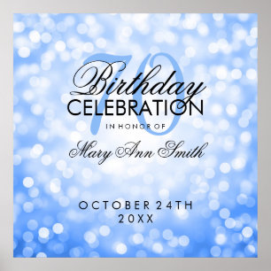 Elegant 70th Birthday Party Glitter Lights Blue Poster