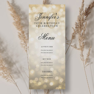 Elegant 70th Birthday Party Menu Gold Bokeh Lights Invitation