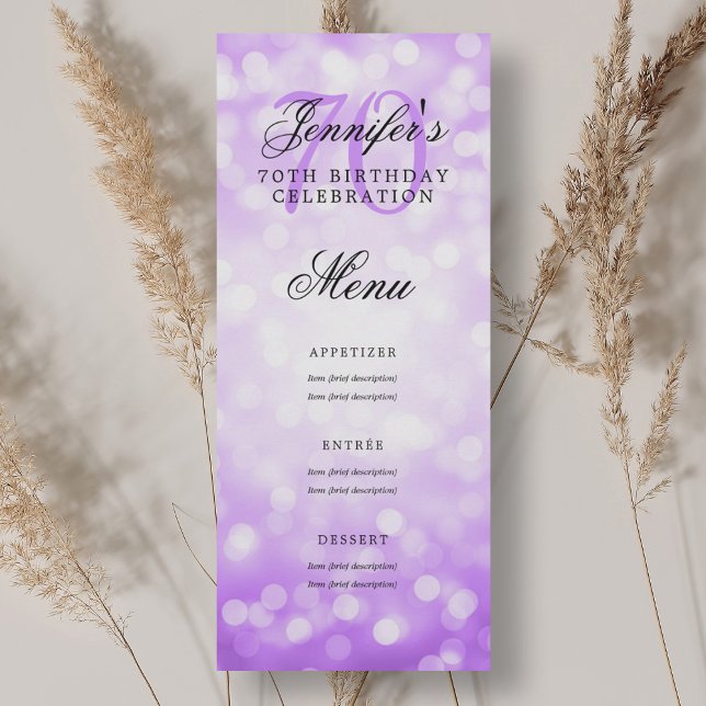 Elegant 70th Birthday Party Menu Purple Bokeh  Invitation (Elegant 70th Birthday Party Menu Purple Bokeh Invitation)