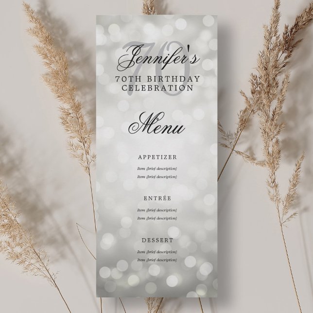 Elegant 70th Birthday Party Menu Silver Bokeh  Invitation (Elegant 70th Birthday Party Menu Silver Bokeh Invitation)