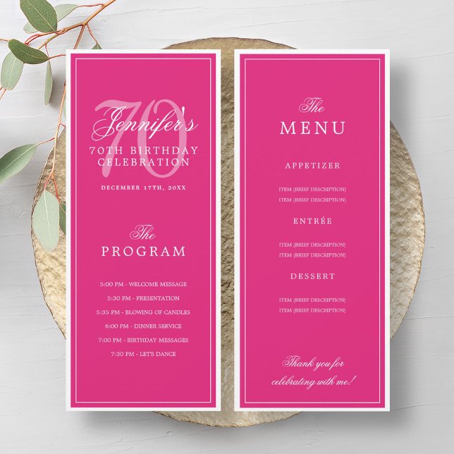 Elegant 70th Birthday Party Program Menu Hot Pink  (Elegant 70th Birthday Party Program Menu Hot Pink )