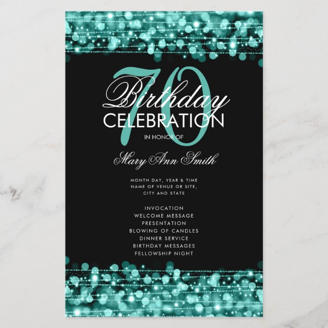 Elegant 70th Birthday Party Program Teal Menu (Front)