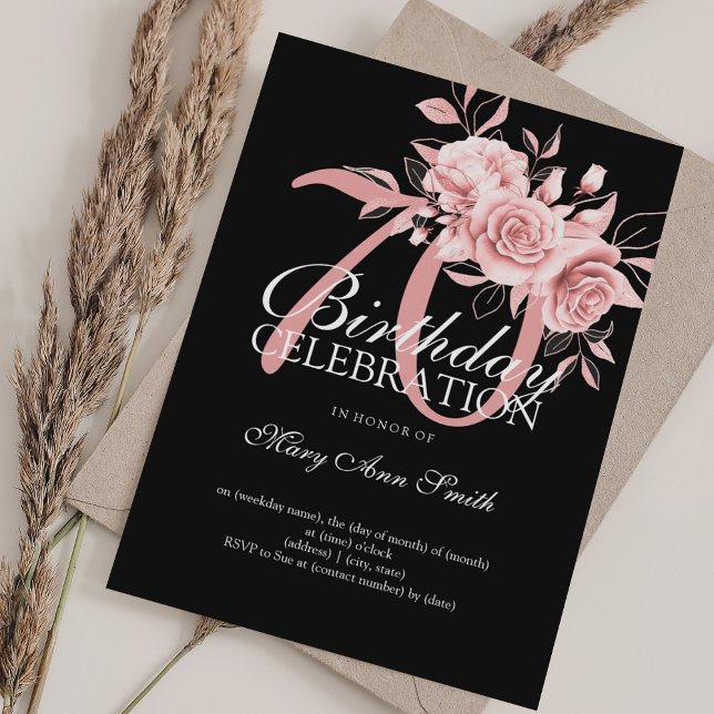 Elegant 70th Birthday Party Rose Gold Floral Invitation (Elegant 70th Birthday Party Rose Gold Floral Invitation)