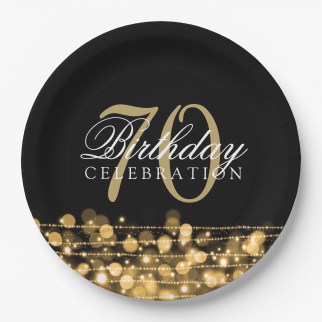 Elegant 70th Birthday Party Sparkles Gold Paper Plate (Front)