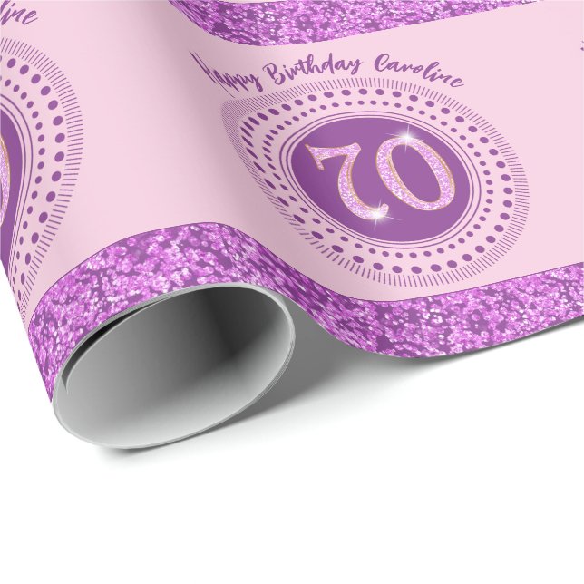 Elegant 70th Birthday Pink Glitter with Stripes Wrapping Paper (Roll Corner)