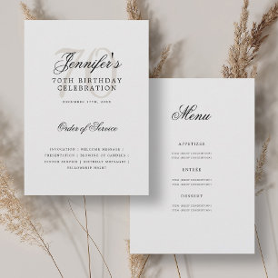 Elegant 70th Birthday Program Black White w/ Menu