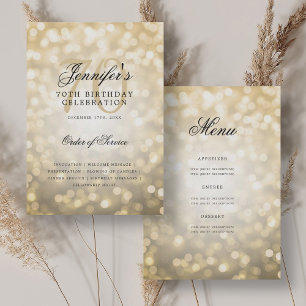 Elegant 70th Birthday Program Gold Bokeh w/ Menu