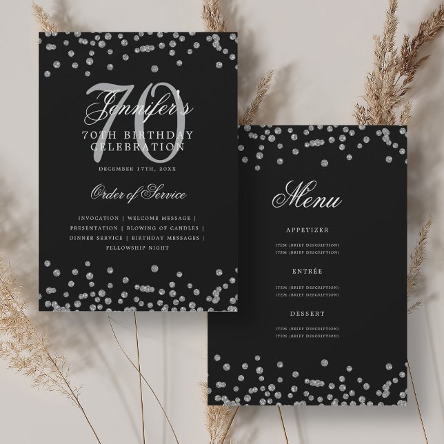Elegant 70th Birthday Program Menu Silver Black (Elegant 70th Birthday Program Menu Silver Black)