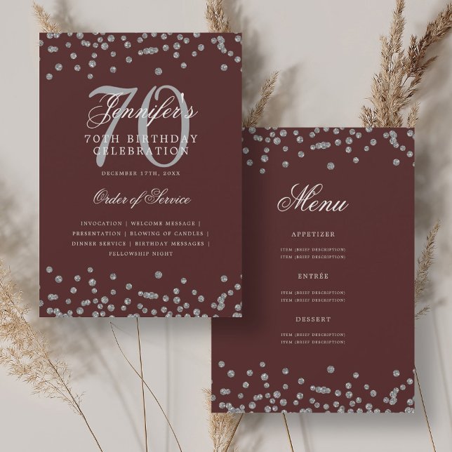 Elegant 70th Birthday Program Menu Silver Burgundy (Elegant 70th Birthday Program Menu Silver Burgundy)