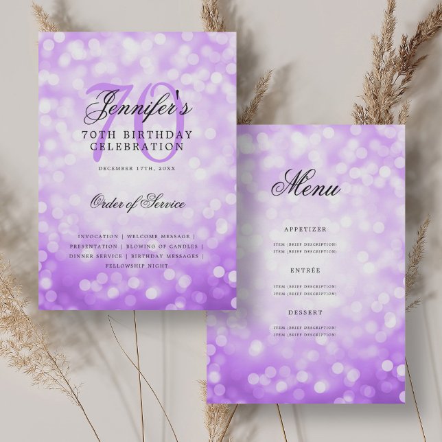 Elegant 70th Birthday Program Purple Bokeh Menu (Elegant 70th Birthday Program Purple Bokeh Menu)