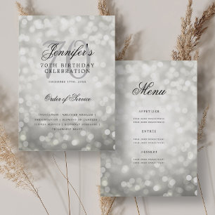 Elegant 70th Birthday Program Silver Bokeh Menu